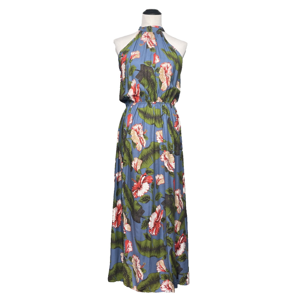 Nali Collection Halter Maxi Dress Med Silk Blend Tropical Floral Hawaiian Resort